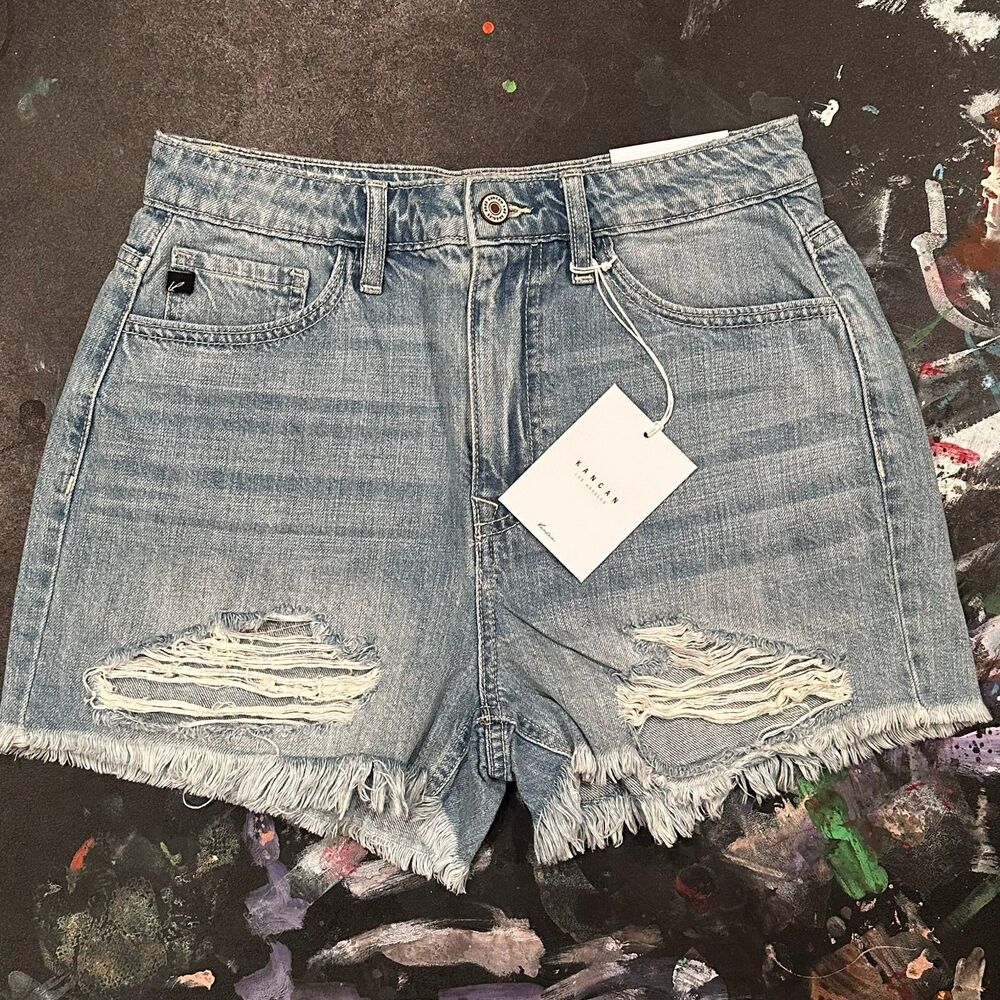 KanCan High Rise Mom Denim Shorts Distressed Light Blue Size 7/27